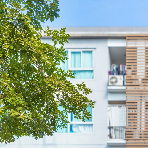 green eco modern condominium building with plant tree nature living space saving energy